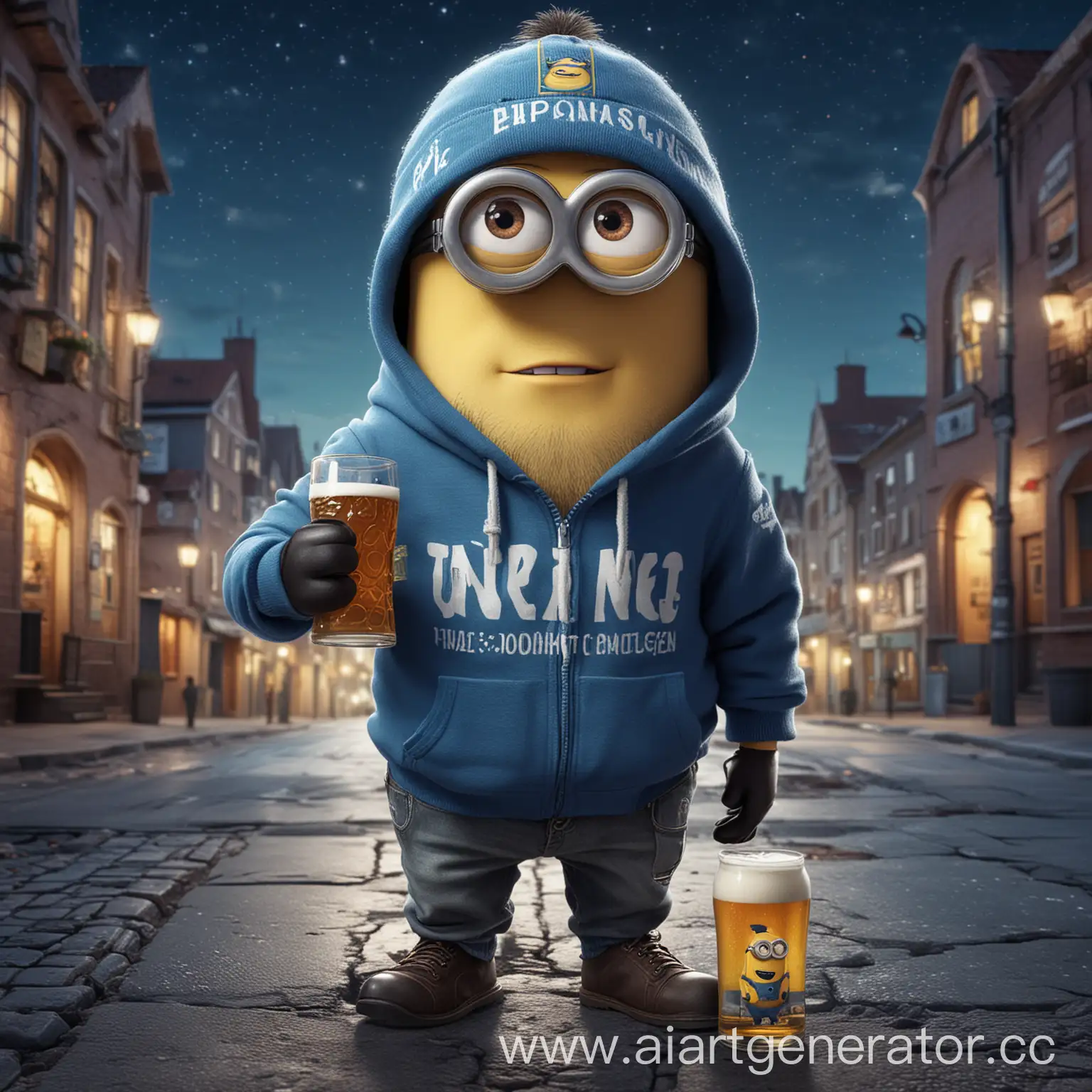 Minion-Character-with-Beer-and-Popdivas-Cap-in-Night-Cityscape