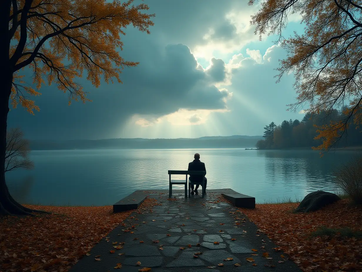 Solitary-Figure-Contemplating-Calm-Lake-Amidst-Stormy-Skies