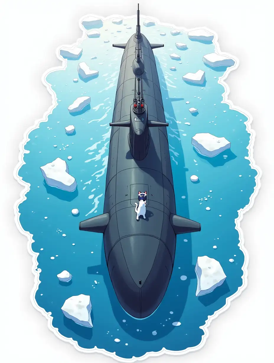 a huge nuclear submarine floating out of the ocean with icebergs, there are small white cat on the ship In the captain's tunic,  Sticker design - top view, high resolution, vector graphics, white background, anime-style coloring.