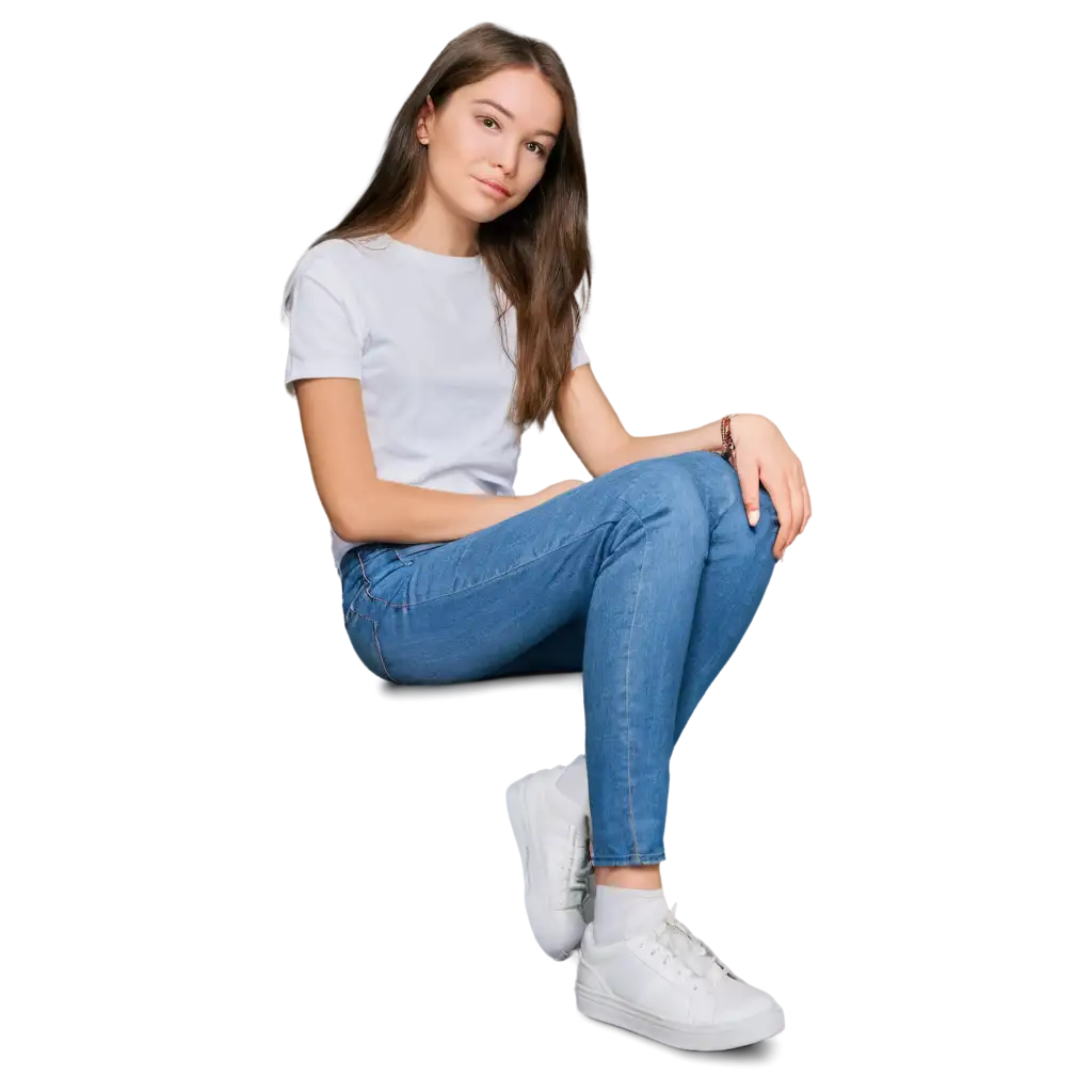 Caucasian-Female-Teenager-Sitting-Crossed-Legged-in-Blue-Jeans-and-White-TShirt-PNG-Image