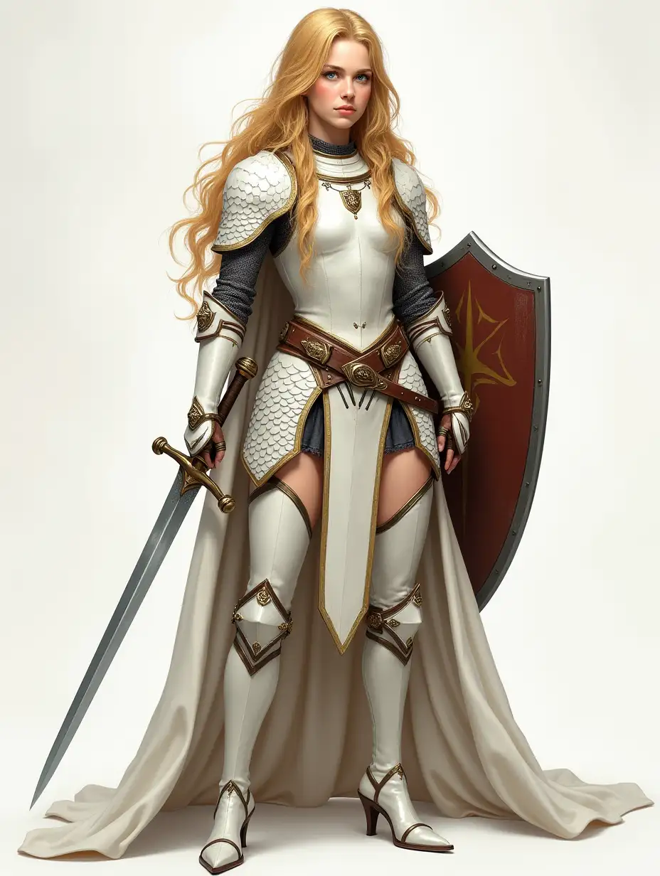 pretty young female paladin, long golden hair, luminous golden eyes, white scale mail armor, high heel white leather boots, highly detailed, rapier, shield, full body shot, frontal shot