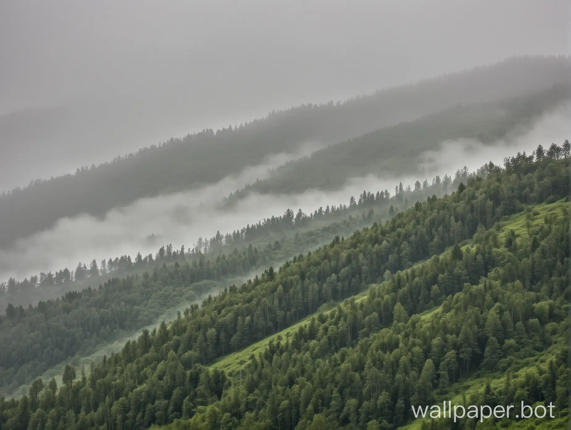 Hills and forest covering hills, visible fog in a rainy afternoon
