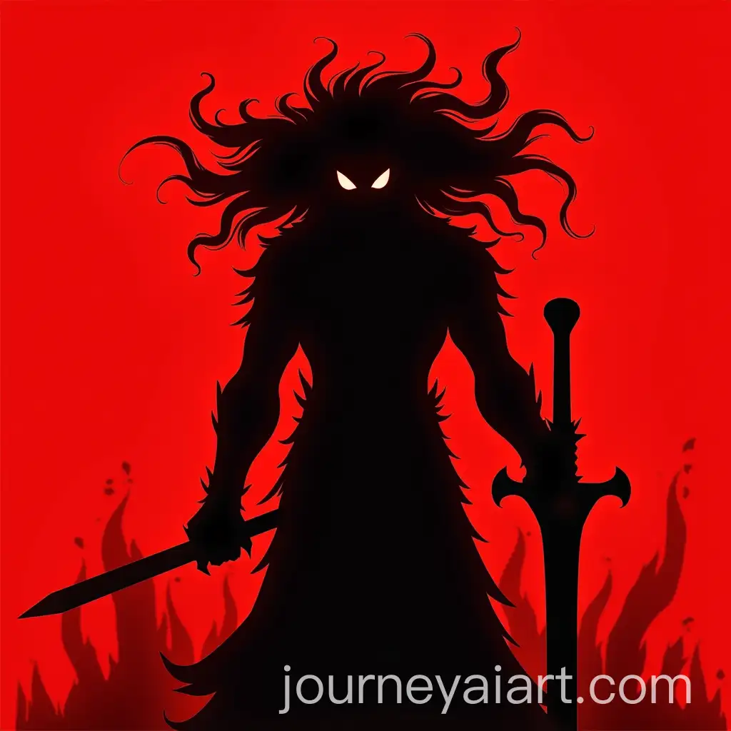 Mysterious-Figure-with-Glowing-Eyes-and-Flaming-Sword-Against-Red-Background