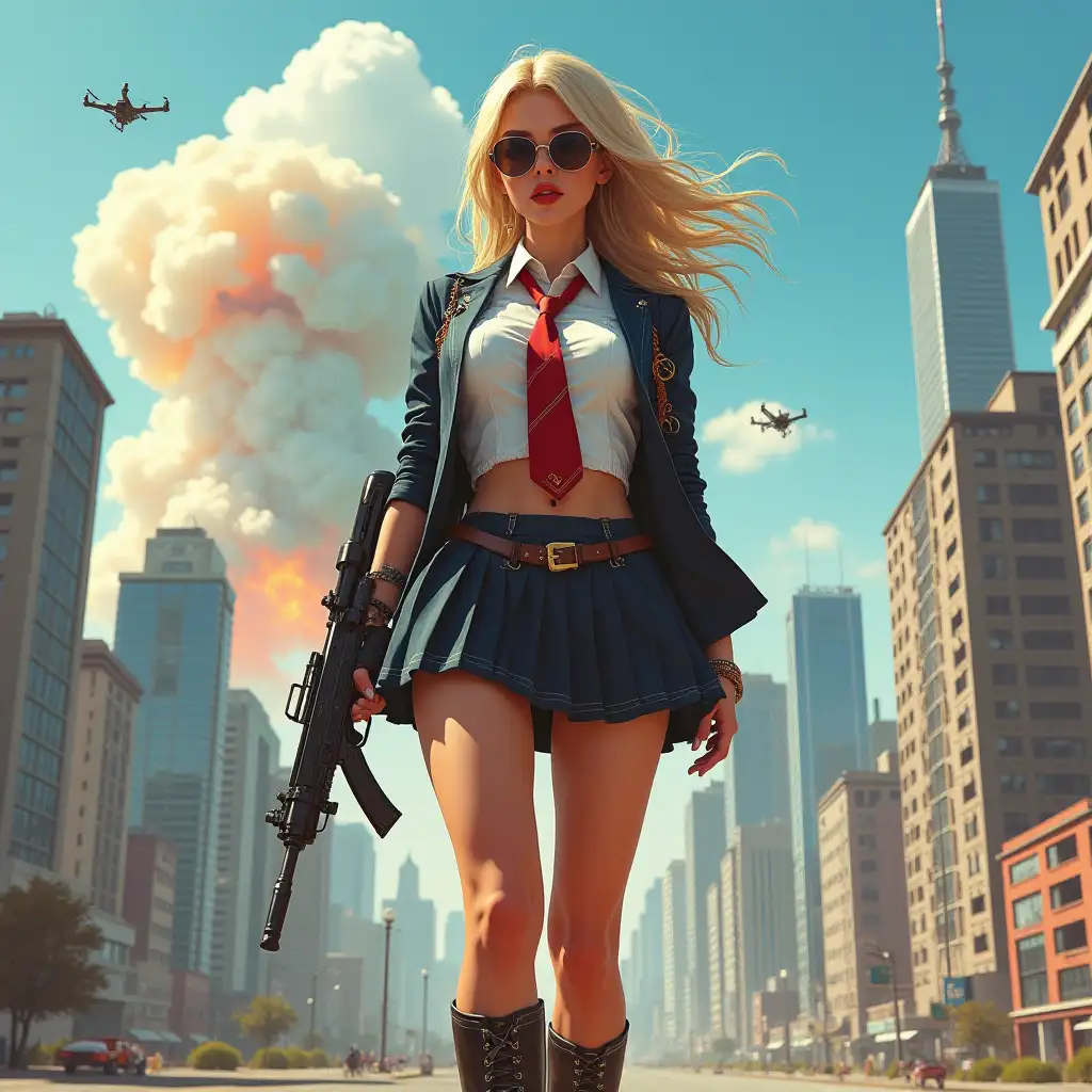 Wide-angle digital painting, (Beautiful large breast woman in stylish school uniform, combat boots, very extreme midriff showing, short skirt, and sunglasses : 1.3), Triangular composition, Dynamic full-length pose, Confident expression, (Armed mercenary: 1.3), Gun grip, Supporting pose, City background, Skyscrapers in the distance, nuclear explosion in extreme distance, two small targeting drones above, (Bright sunlight: 1.2), Sharp contrasts, Bold colors, Clear details. female mercenary in cool cyberpunk style in colorful fantasy style, realism, post-apocalyptic landscape, cartel, bald rod, oil painting, rod Nostalgia, strong emotions, low angle, high detail, sharp focus