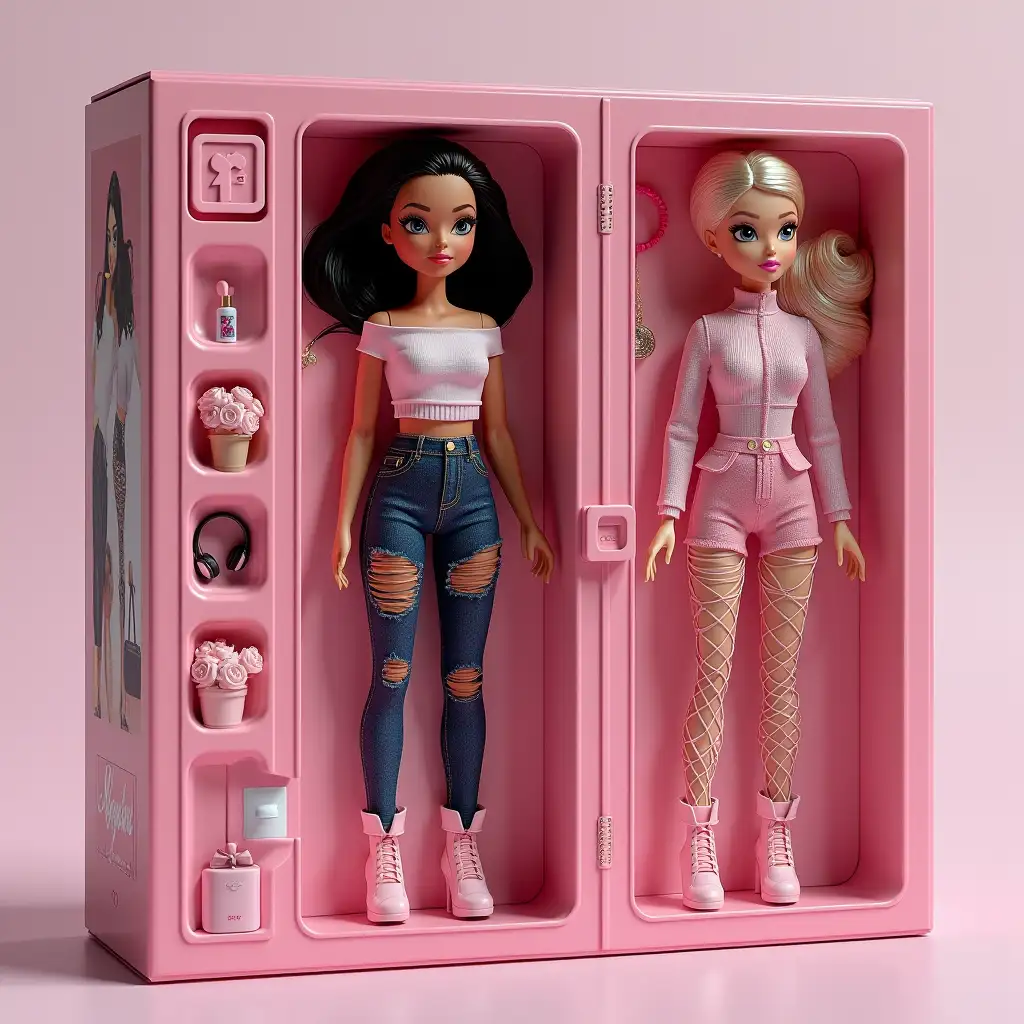 Create a collectible action figure of a humanndear toy in packaging. Style: as realistic as possible,rlike a story. Main: This is a 3D doll in the style of Bratz, made of soft touch plastic.full size, repeating the appearance andnCharacter - n-features from the first photo. Copy every detail:rhairstyle, lips, eyes, facial features and proportions. The clothes - exactly,rwith an emphasis on style and textures. The doll lies in a plastic recess,rwhich repeats its silhouette. Package: Style of the box (shiny and cute)rBox: transparent plastic in front, cardboard back. Colors:nAbove the box should be the name of the charactern(Angelina) - letters are embossed and engraved on the boxnAccessories inside the box:rPlaced next to the doll in their own cells: (perfume, iPhone, headphones, flowers)rAccessories -rmaximally photorealistic and detailed mini-versions.nKey: style, visual and details of a premium collectible toy.