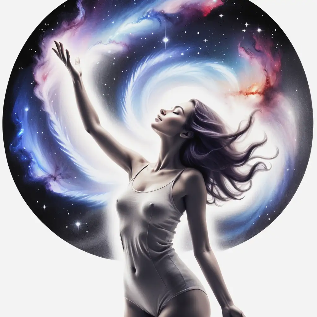 Beautiful Woman Surrendering into the Galaxy on White Background