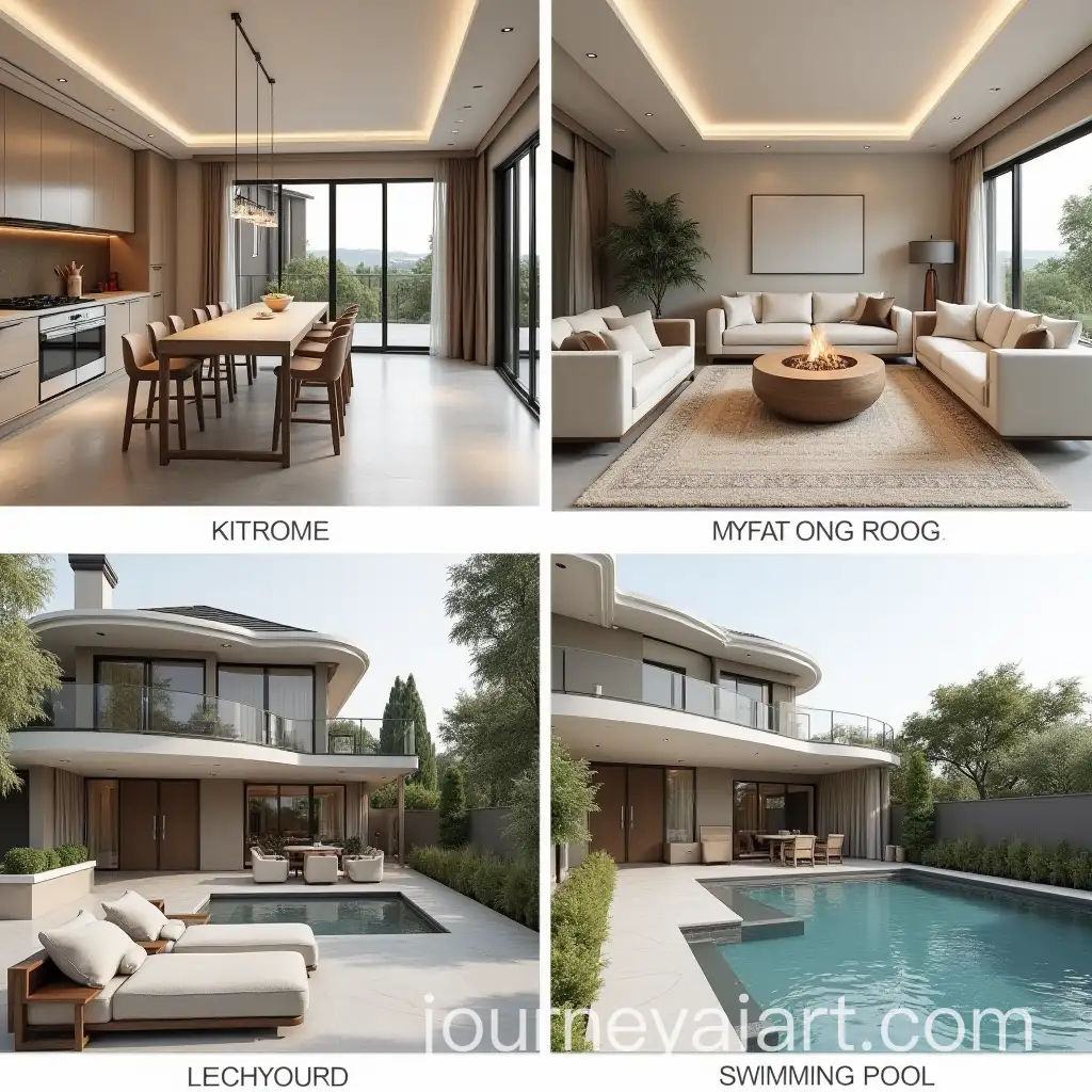 Cohesive-Villa-Design-Modern-Kitchen-Living-Room-Backyard-Fire-Pit-Swimming-Pool