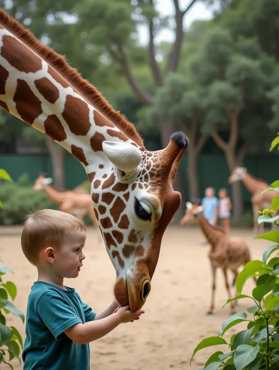 A giraffe lowers its head to touch noses with a 2-year-old boy, in a zoo with green plants and other animals watching.