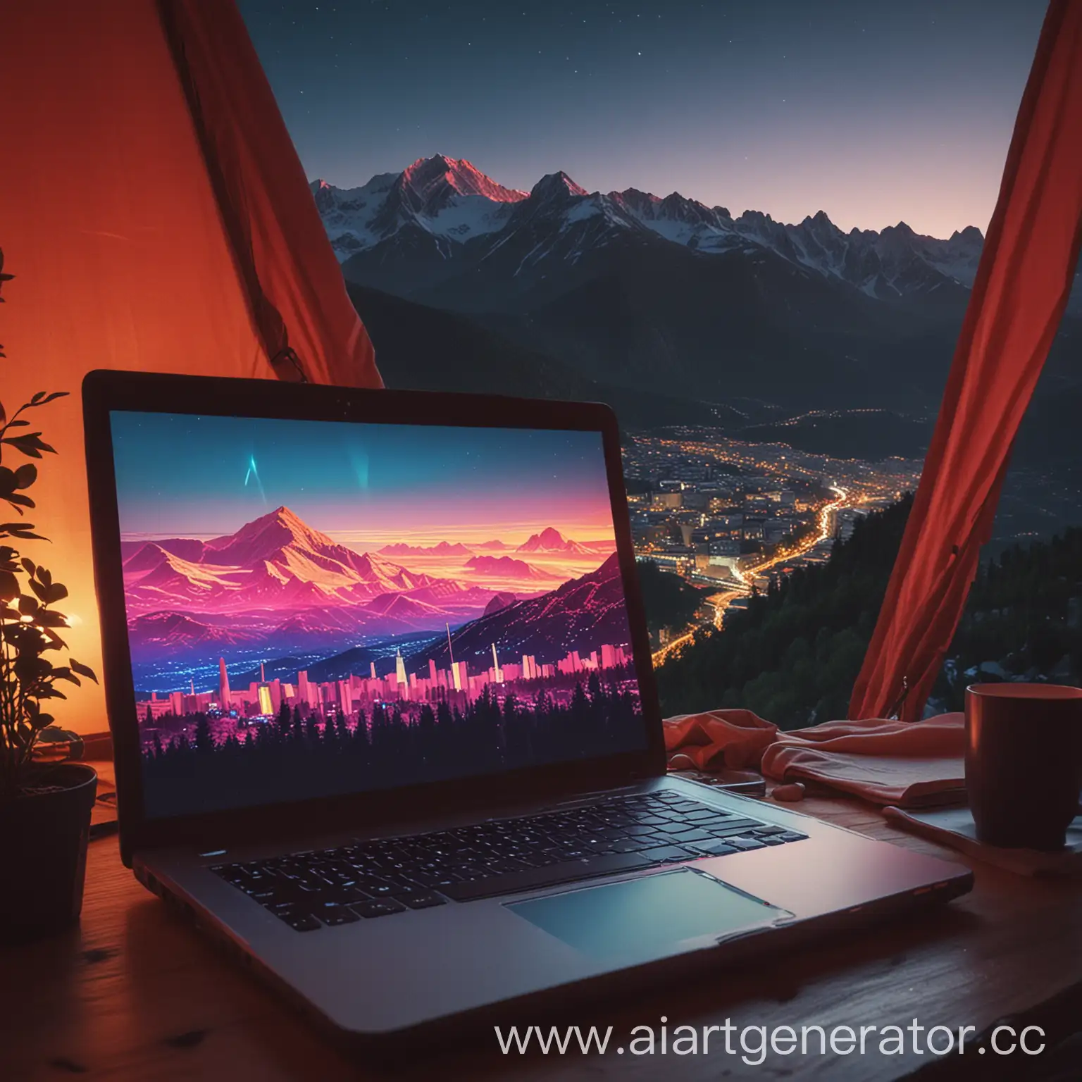 In a tent on the mountain, laptop on the table, code on screen, the city is below, evening, retrowave