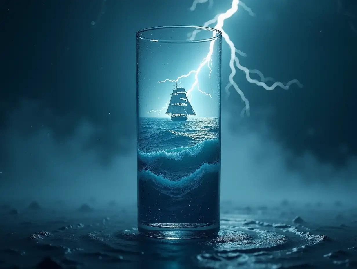 Create a tall glass container with an ocean of large waves, a big sailing ship and lightning 4K resolution