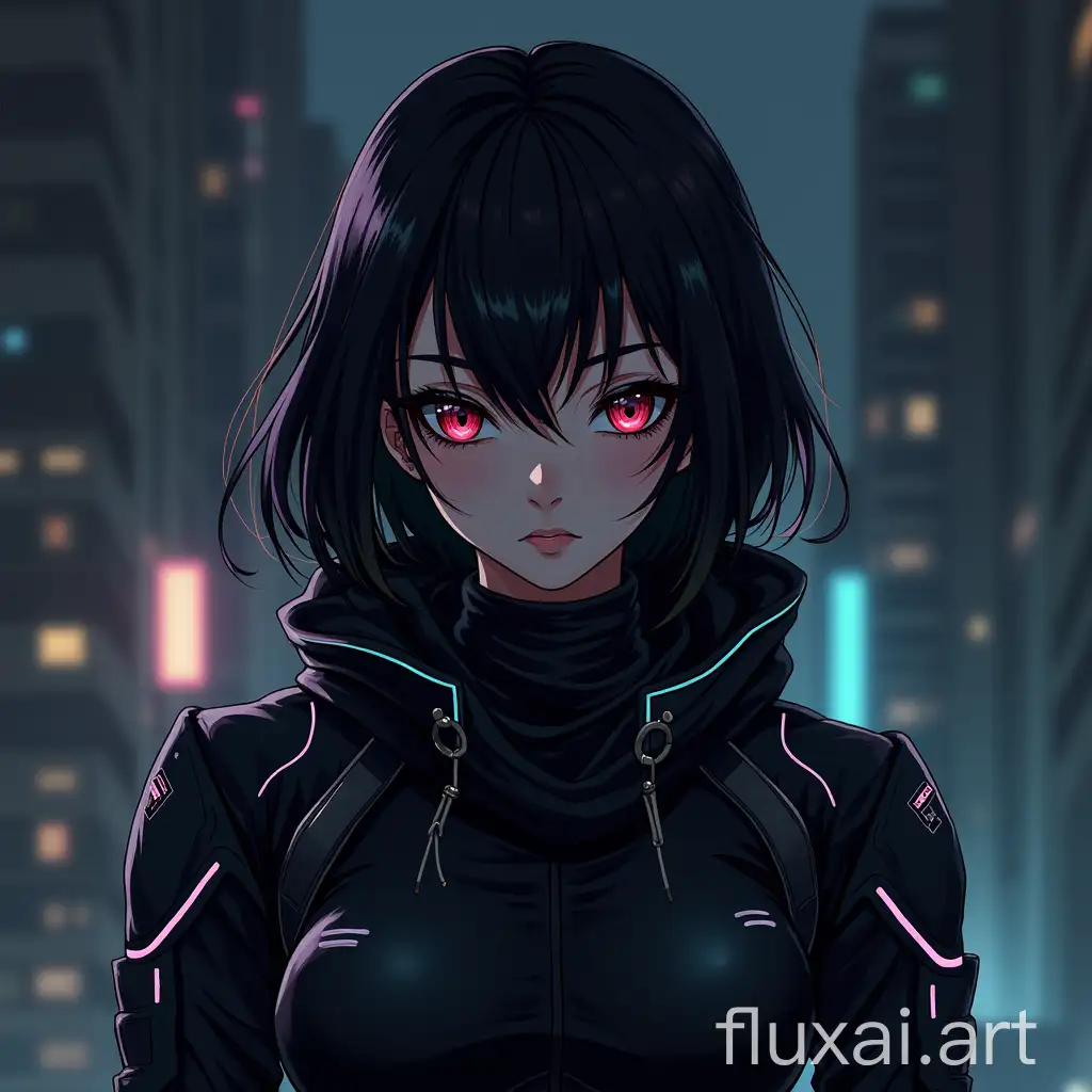 Dark cyber ninja girl in power black armor with neon grey lines anime style