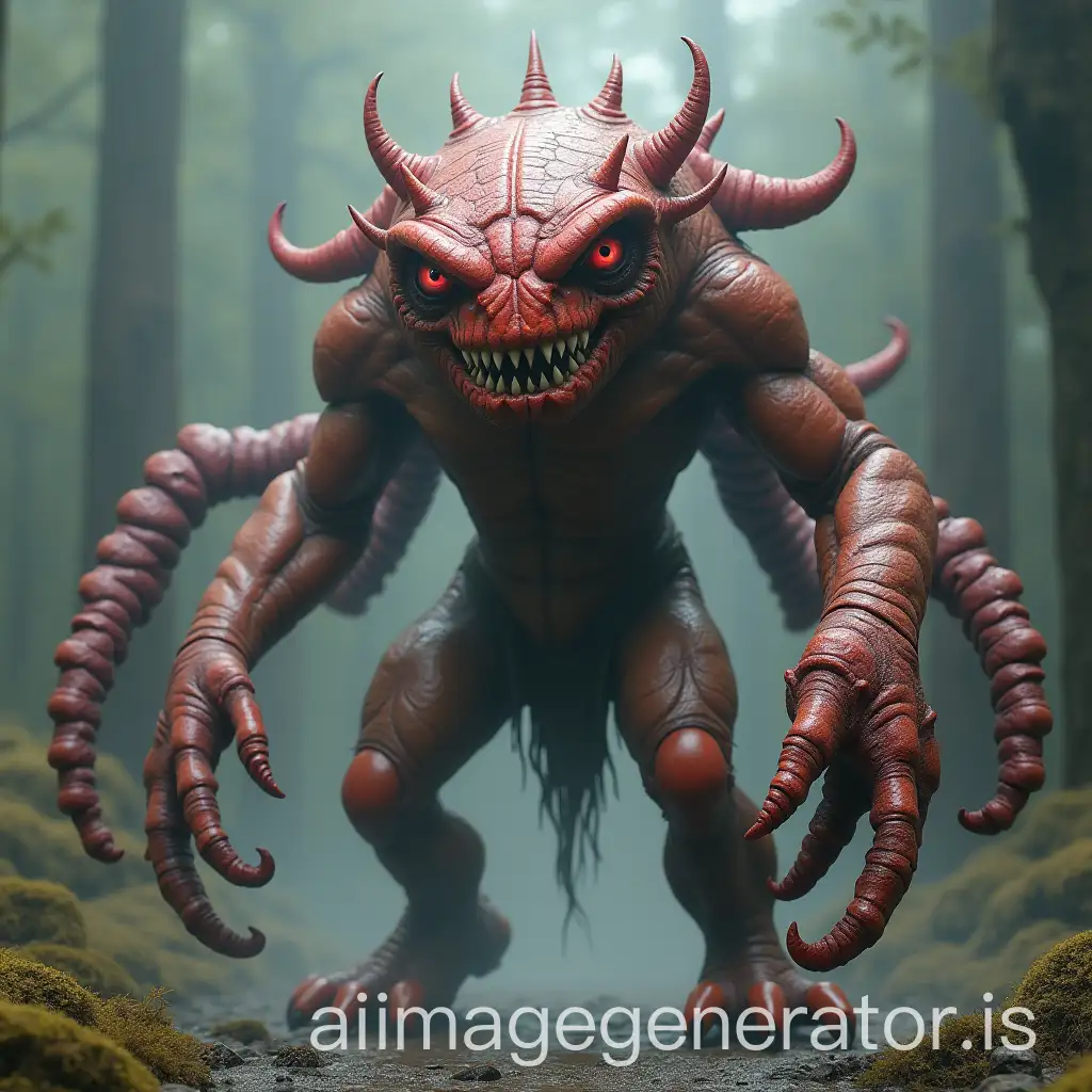 a monster with an enormous head and 4 arms and claws