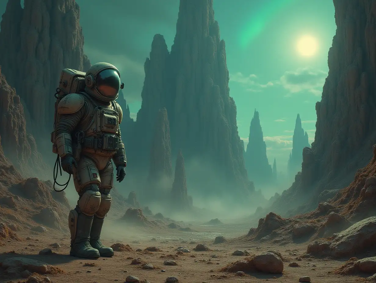 A lone astronaut stands amid the ruins of an abandoned alien colony, their reflective visor glinting with the faint light of a distant, dying star. The landscape is a surreal fusion of alien flora and crumbling megastructures, their design twisted and organic, as though grown rather than built. Dust and debris swirl in the thin air, illuminated by a faint aurora in the alien sky. The astronaut’s weathered suit tells the story of a long, solitary journey, and their posture reflects equal parts curiosity and despair. The scene evokes the eerie styles of Moebius and H.R. Giger, bathed in desaturated, muted colors.