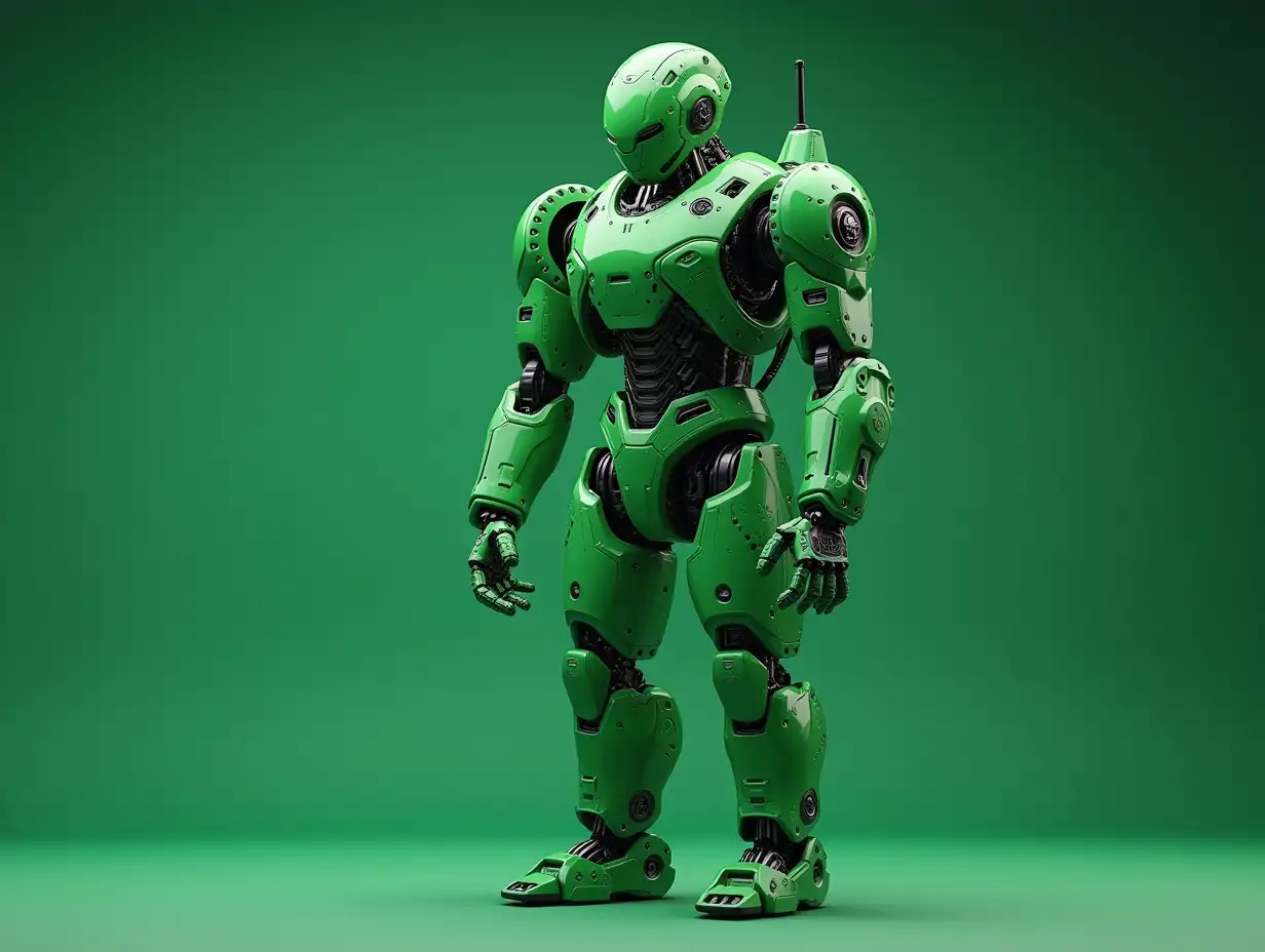 Create a high-resolution, realistic image of an artificial intelligence fractal colored humanoid green robot, on the photo studio floor at 4-k resolution