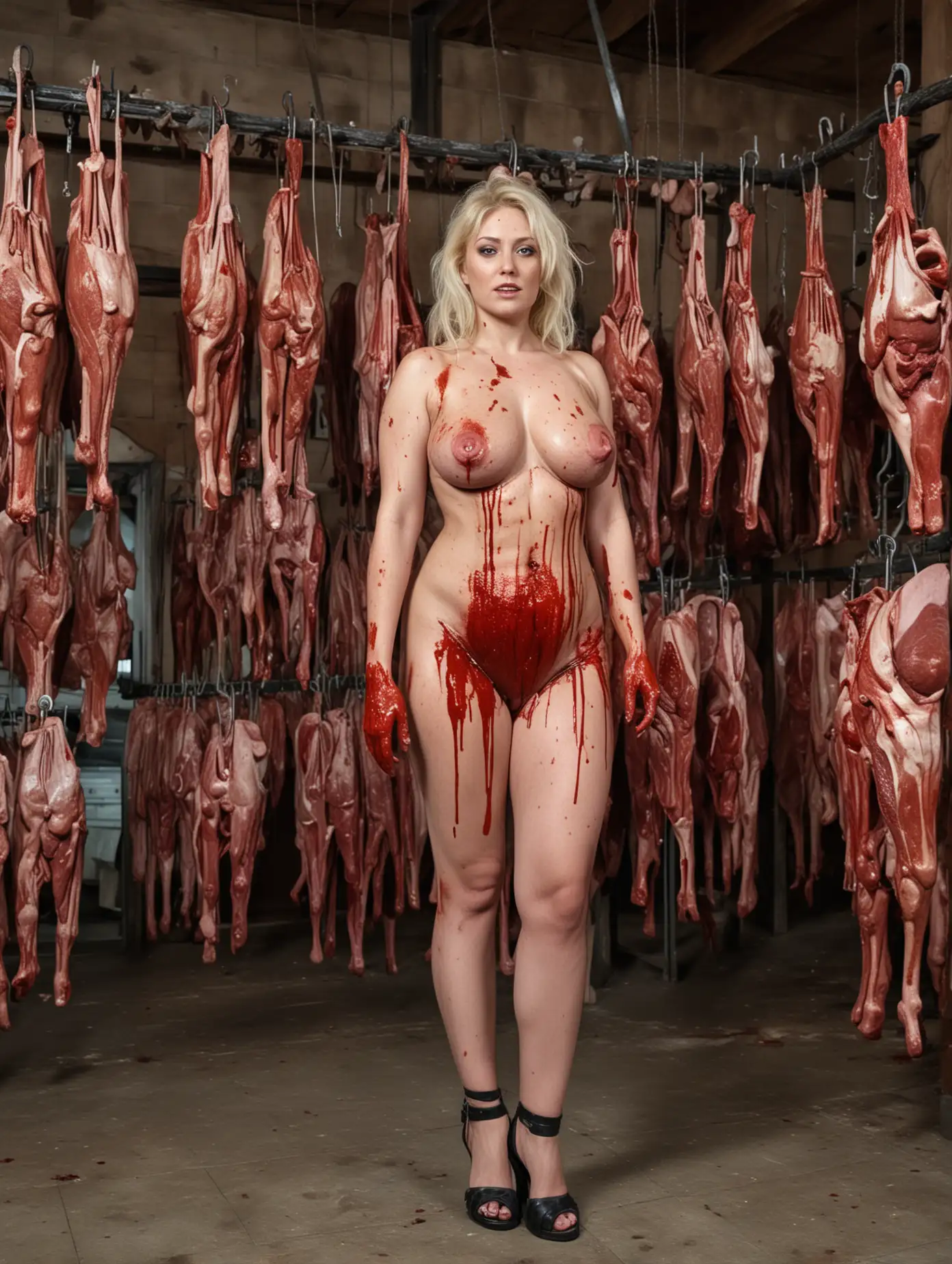 Brightly lit cannibal slaughterhouse and butcher's shop. (Carcasses of bloody butchered man hanging on meat hooks:1.4), (very beautiful:1.5) (angry:1.3) naked mature chubby  (muscular:1.4)  German female with (big breasts:1.5) in (high heel sandals:1.5). 