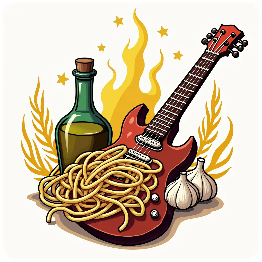 Logo-Design-Featuring-Garlic-Olive-Oil-Electric-Guitar-Italian-Flavor-and-Spaghetti-for-a-Music-Band