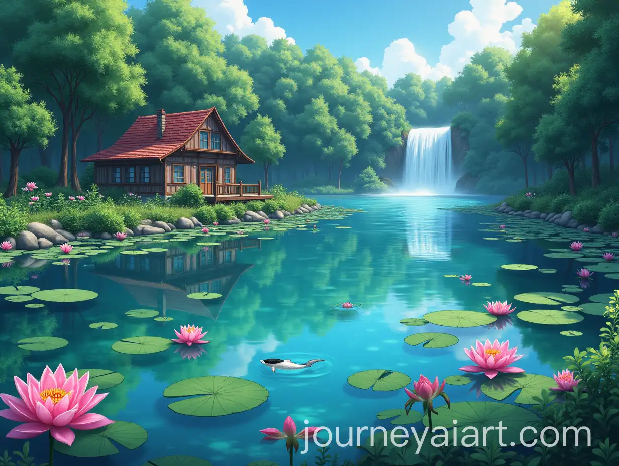 Animestyle-Forest-Pond-with-Water-Lilies-Waterfall-and-Fish