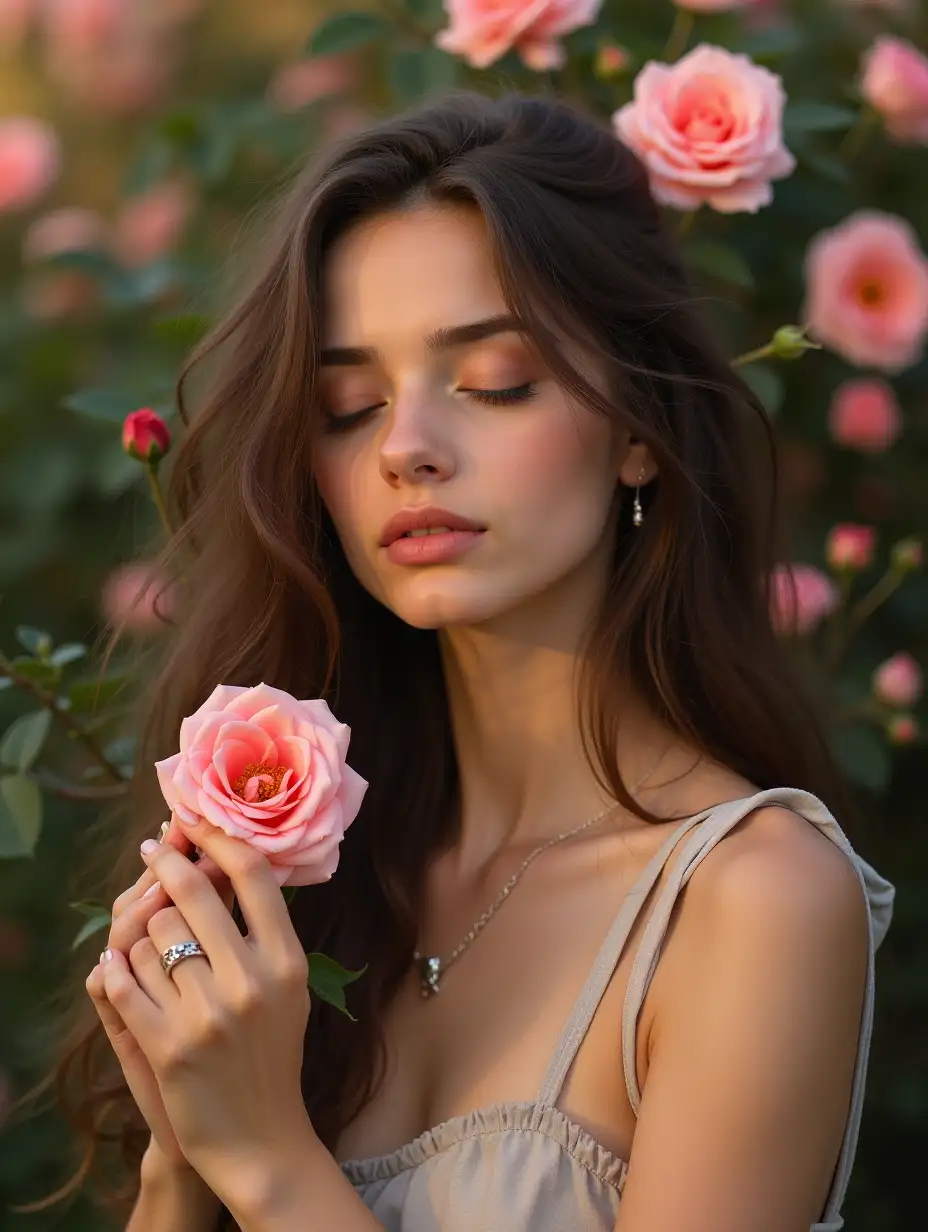 Young-Woman-with-Long-Wavy-Hair-Surrounded-by-Blooming-Pink-Roses