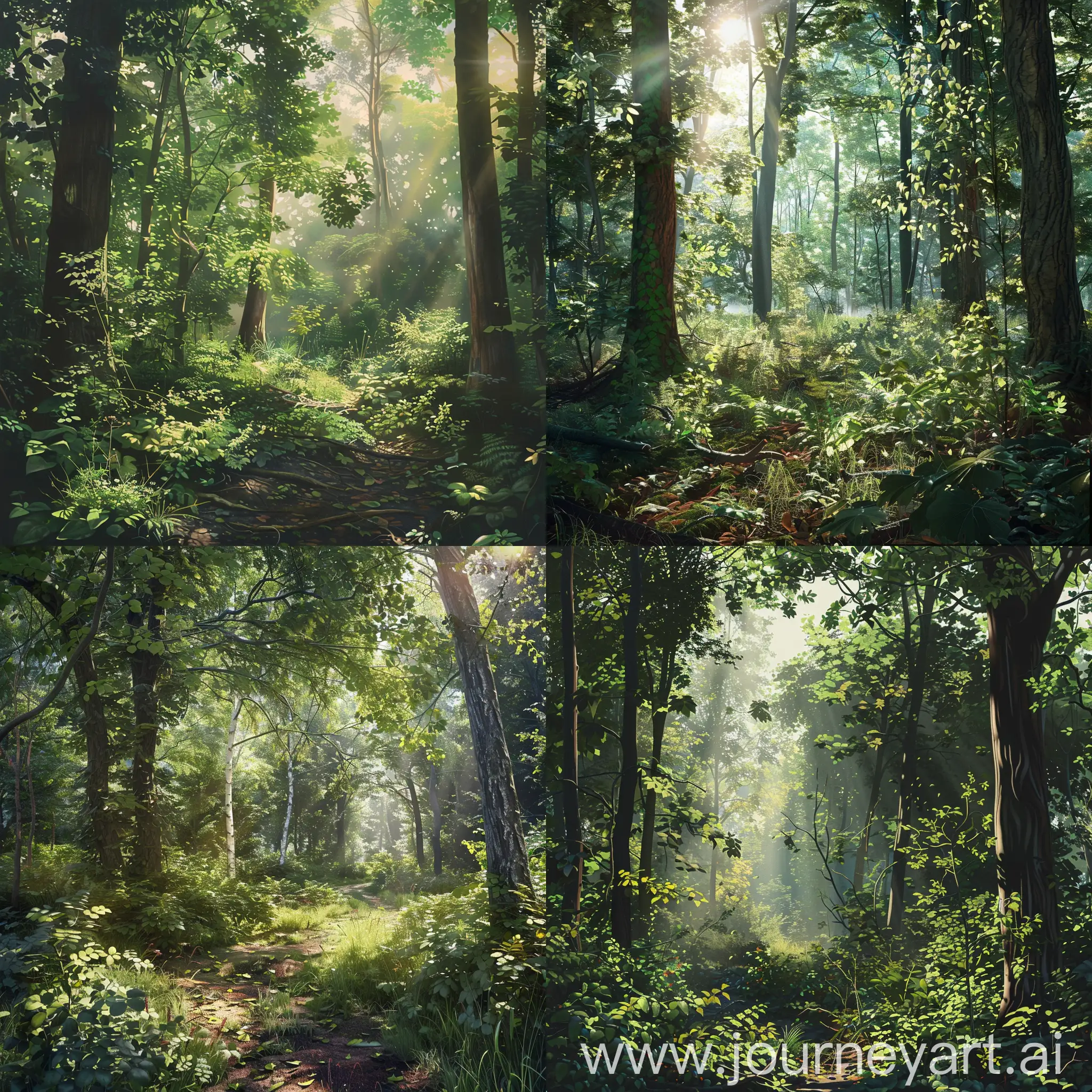 Serene-Summer-Forest-Scene-with-Detailed-Foliage-and-Sunlit-Canopy