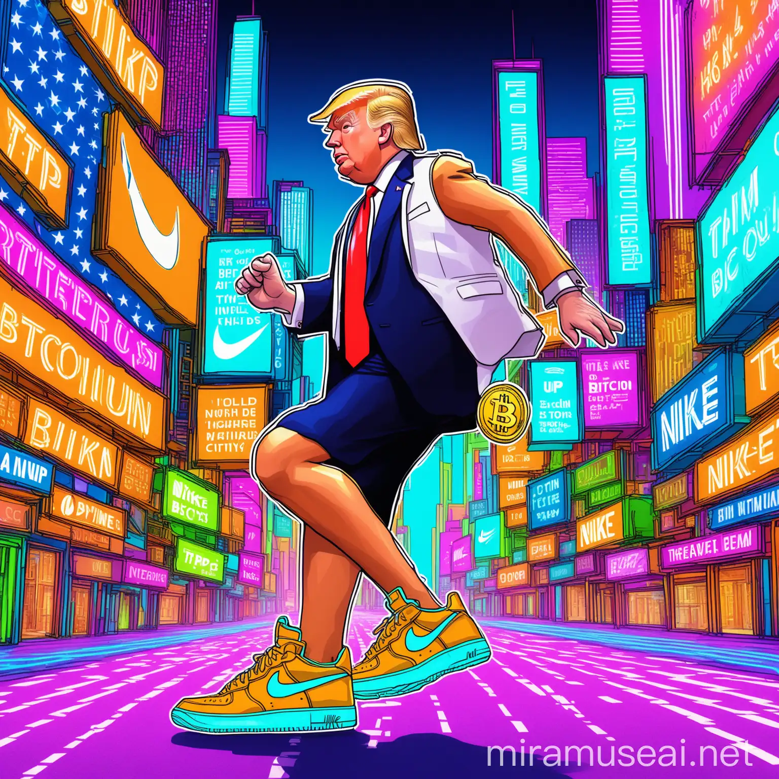 Donald Trump Investing in Bitcoin While Wearing Nike Sneakers in a Neon City