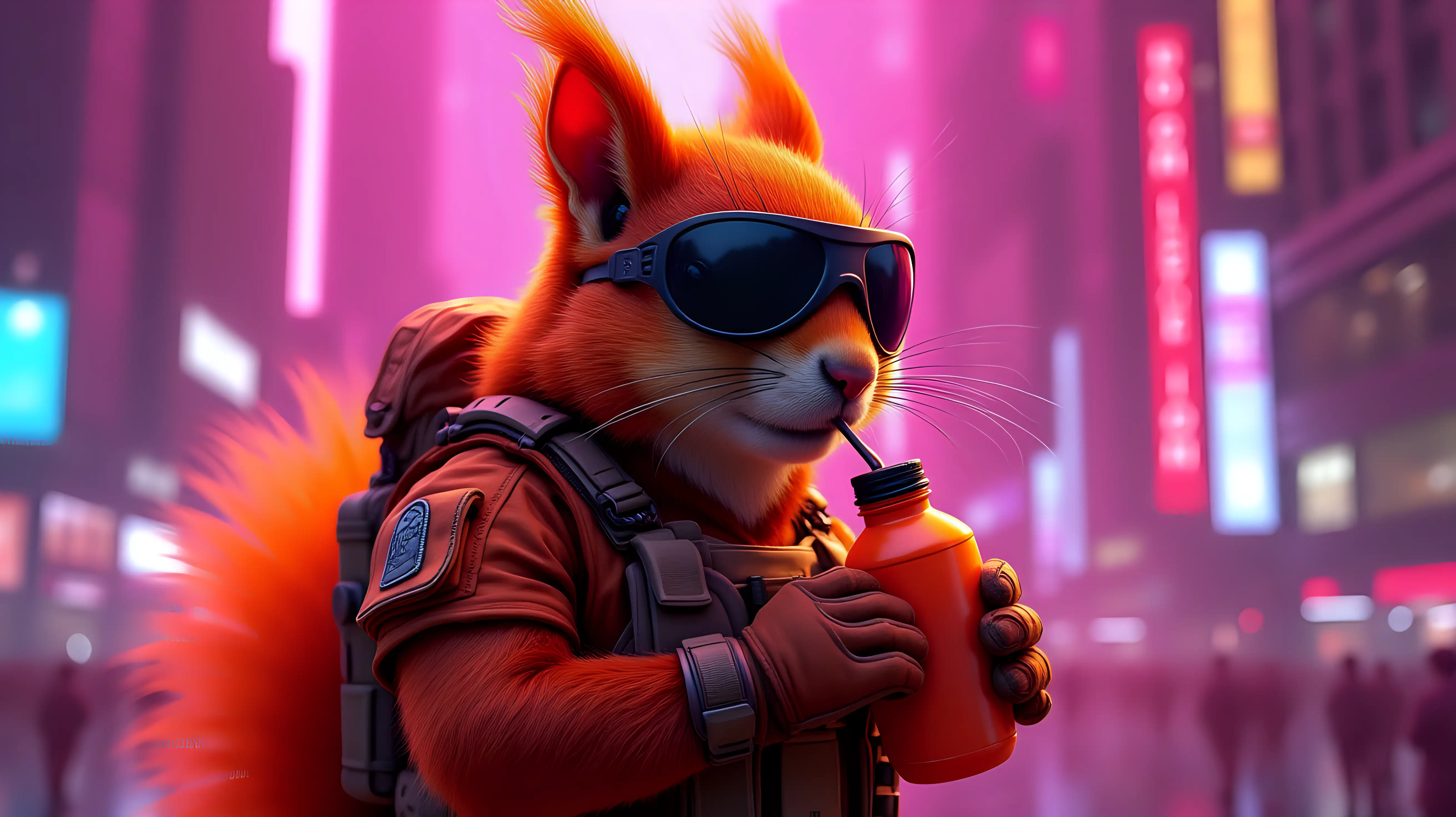 Hyper-realistic red squirrel with vivid glowing orange-red fur, realistic fine fur details and natural anatomy, wearing rugged military tactical gear in orange camouflage with neon orange highlights, heavy body armor, combat straps, pouches, tactical gloves, and dark matte tactical sunglasses, fierce confident expression with a natural smirk similar to Pepe memes but realistic and intimidating, drinking from an orange Tang bottle through a straw, gripping the bottle firmly with a gloved paw, set in a neon-lit futuristic cityscape in vibrant purple and pink representing Pulsechain, tall skyscrapers glowing with neon signs and atmospheric haze, dramatic cinematic lighting, gritty 1980s synthwave aesthetic, photographic style, no cartoon or illustration elements, ultra-detailed sharp focus