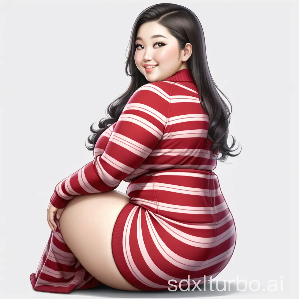 A curvy, voluptuous, beautiful, young, obese Chinese woman sits in her long red striped sweater-dress. Her bosom is enormous. Her hips are wide. Her bottom is enormous. Back view. Her triple-chin is prominent. She is shy with a beautiful smile.