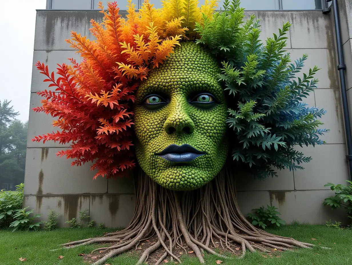 Morchels face transformed into colorful leaves and roots in a building