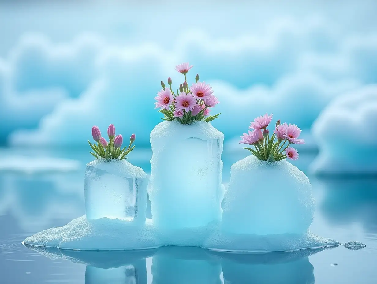 3 ice pillars with flowers blooming on them. Background is a cold blue lake with some ice.