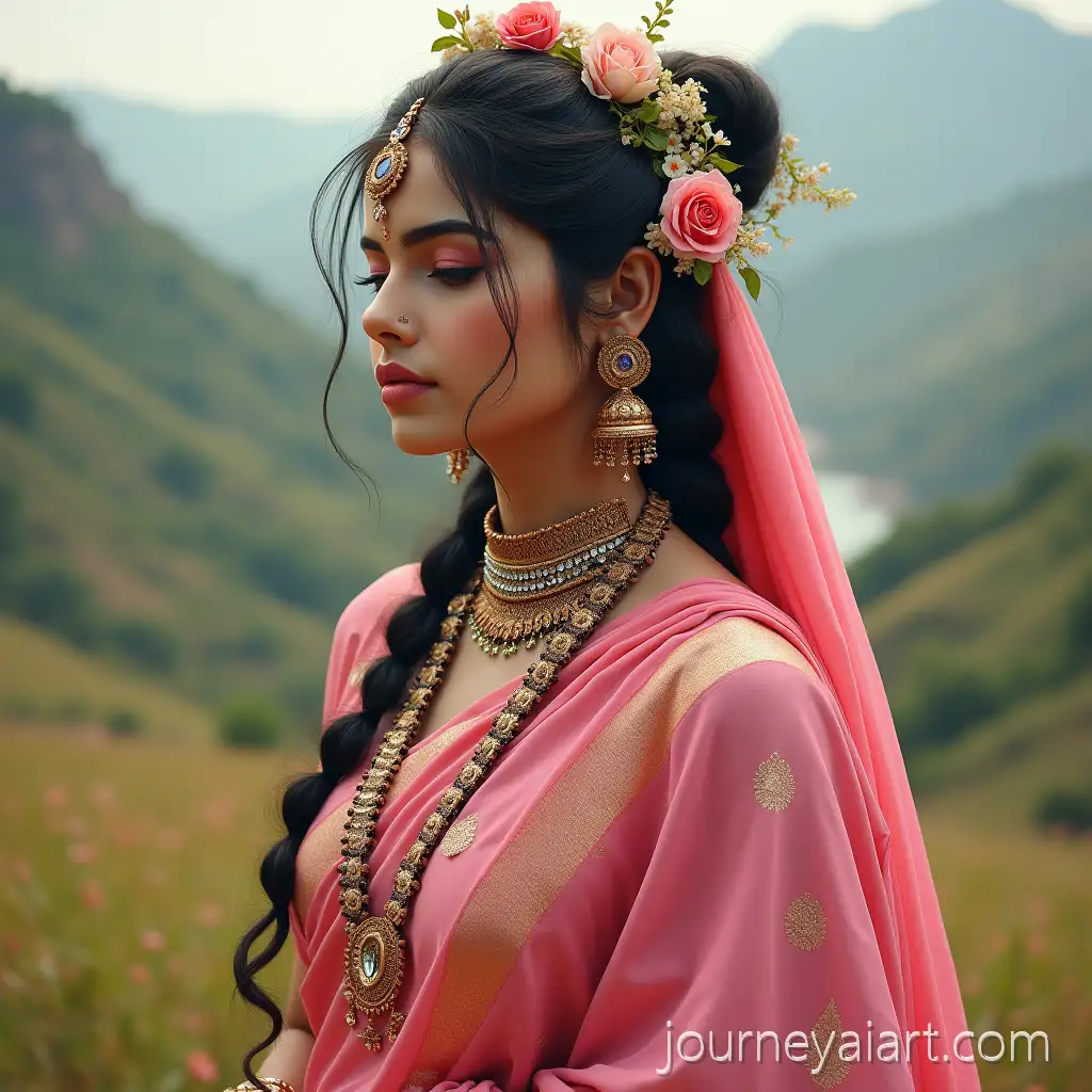 Goddess-Sati-in-Pink-Saree-with-Floral-Hair-Adornments-in-Serene-Natural-Landscape