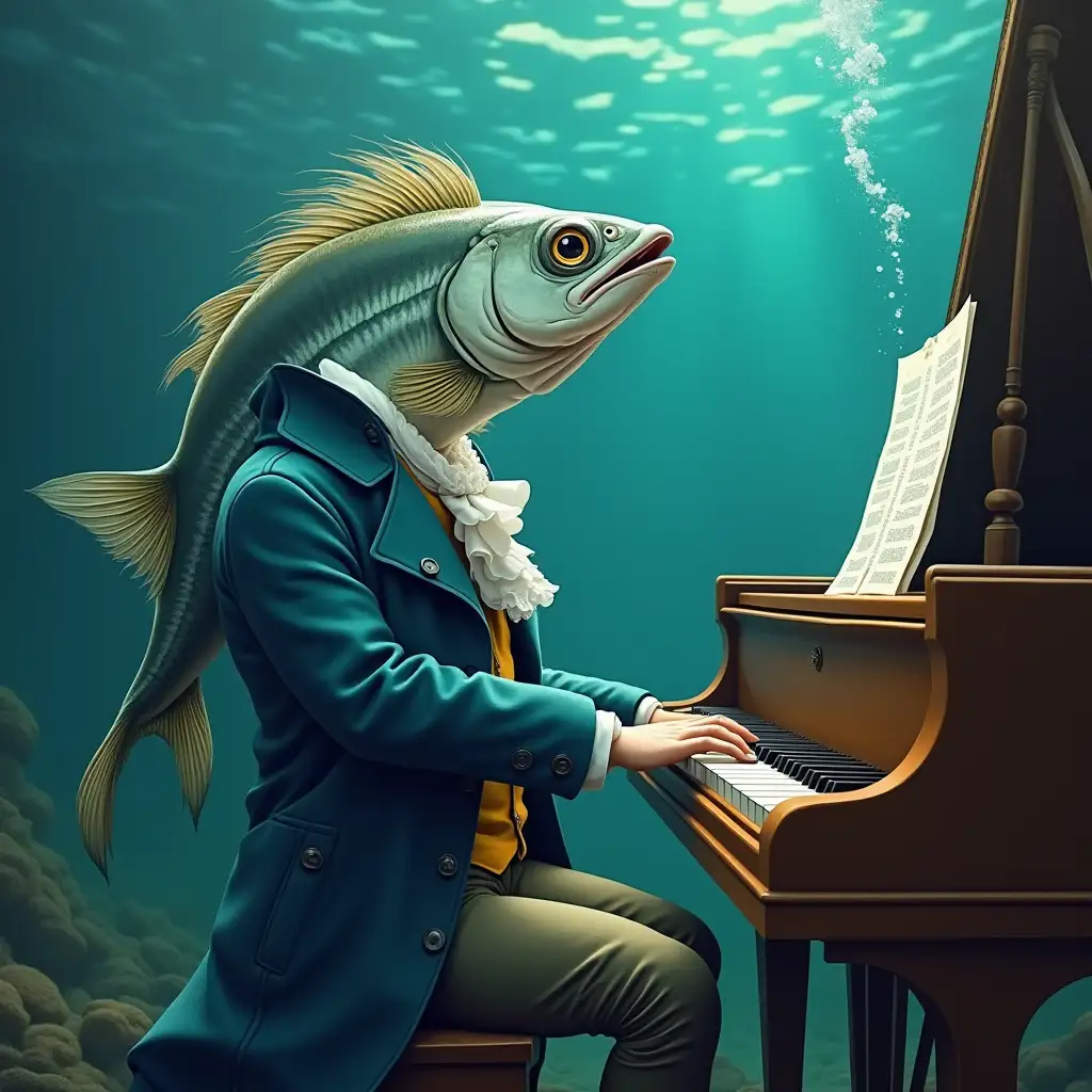 Cartoon-Sardine-Playing-Piano-Underwater-in-19th-Century-Attire