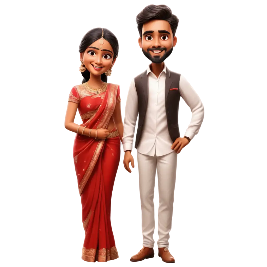 PNG-Image-South-Indian-Wedding-Caricature-of-Dusky-Groom-in-White-Vestie-and-Shirt-with-Dusky-Bride-in-Red-Saree