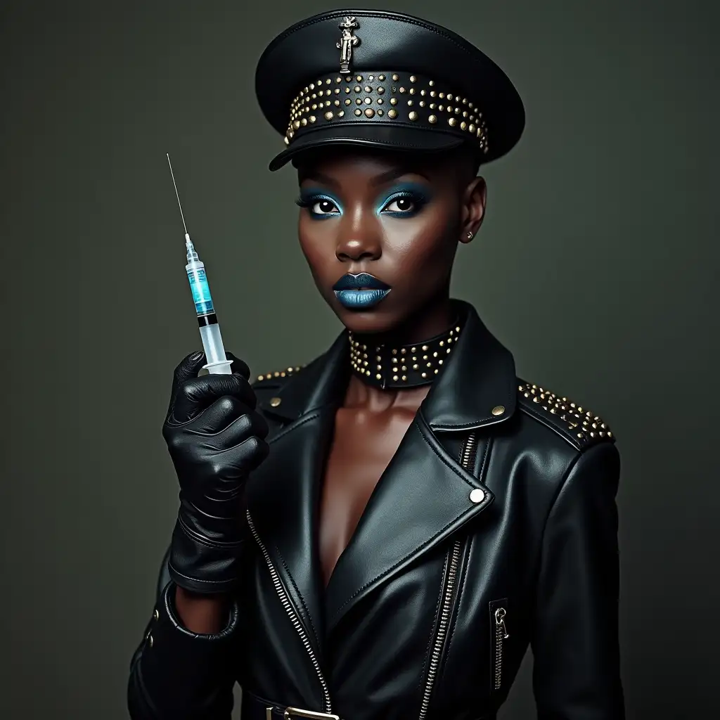 Dark-Skinned-African-Woman-with-Shaved-Head-in-Leather-Outfit-Holding-Injection-Needle