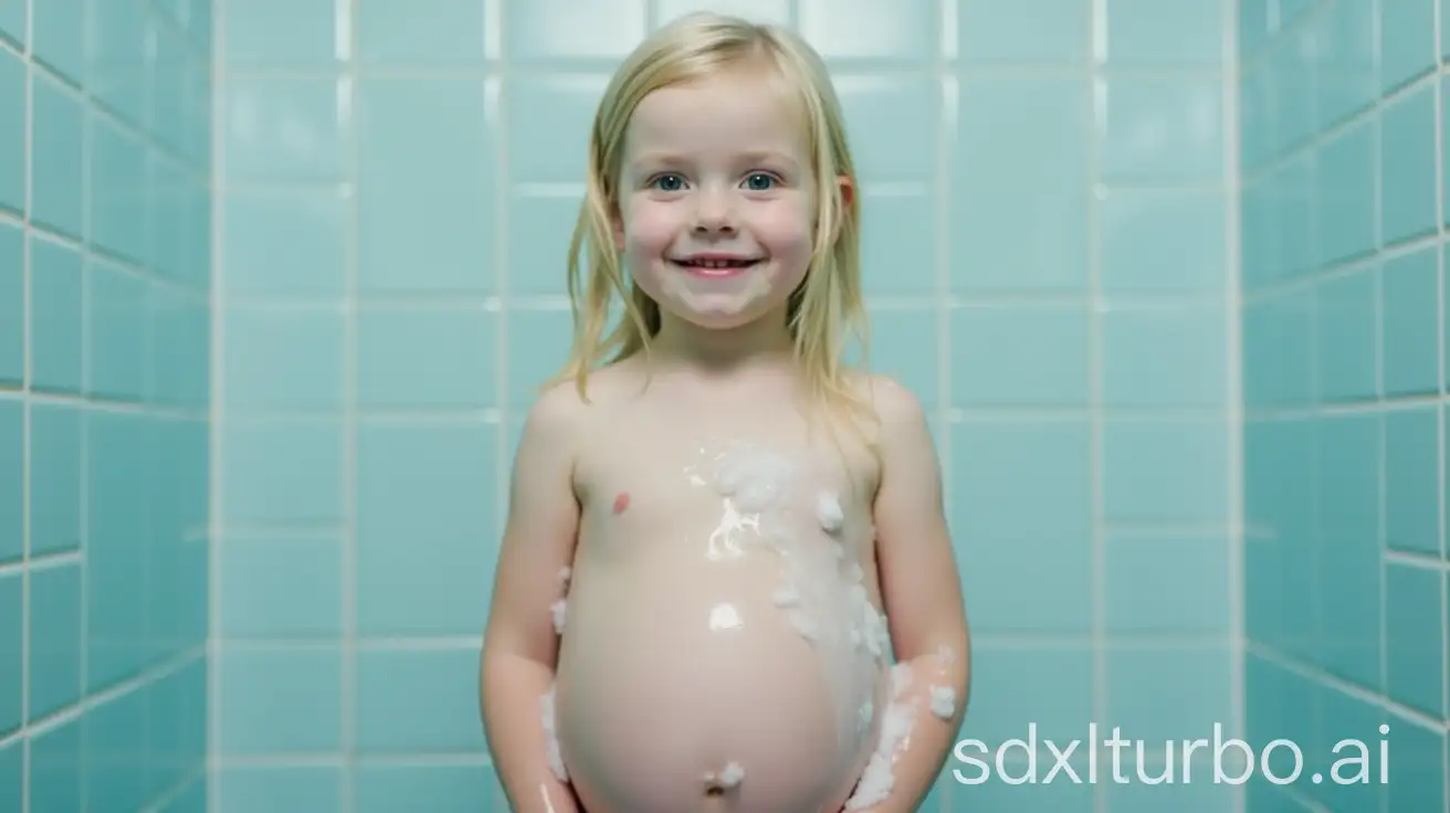 Adorable-Pregnant-Blonde-Girl-at-Preschool-shower stall pale blue tile standing soaping belly whashing hair shampoo bubbles close view