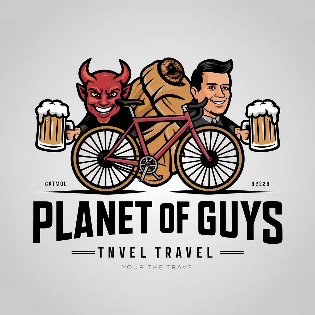 a logo design,with the text "Planet of guys", main symbol:Bicycle , satan, beer, man,Moderate,be used in Travel industry,clear background