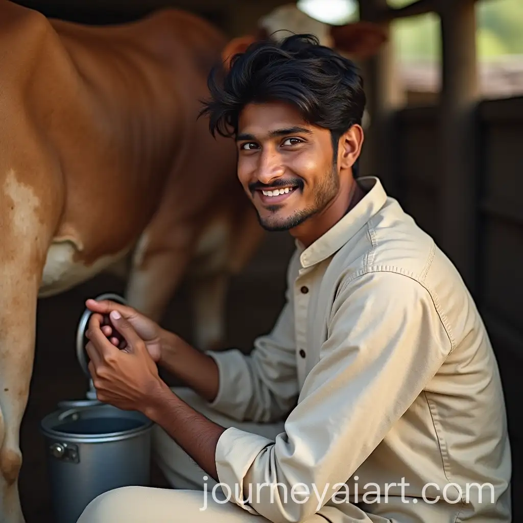 Young-Indian-Man-Milking-Cow-at-MeAI-Image-Expansionhek-Farm-in-Early-Morning-Light