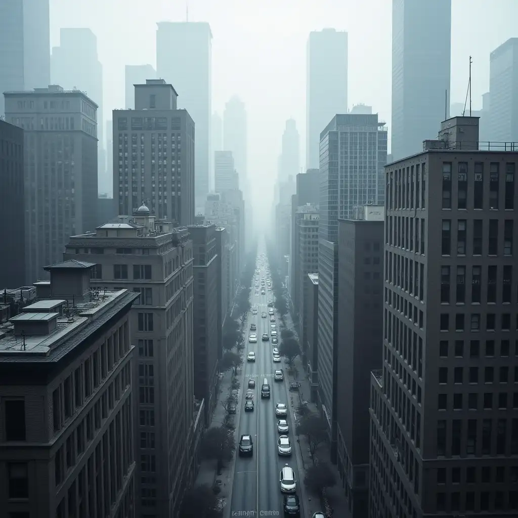 Grey cityscape with overcast skies and tall buildings with narrow street.