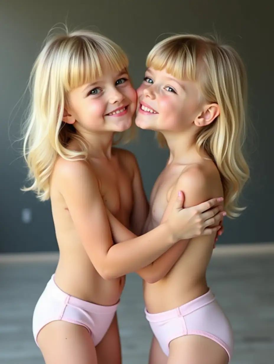 2 adorable young girls' blonde hair with bangs, makeup, skin showing full body showing standing in a dance studio playful kisses facing camera