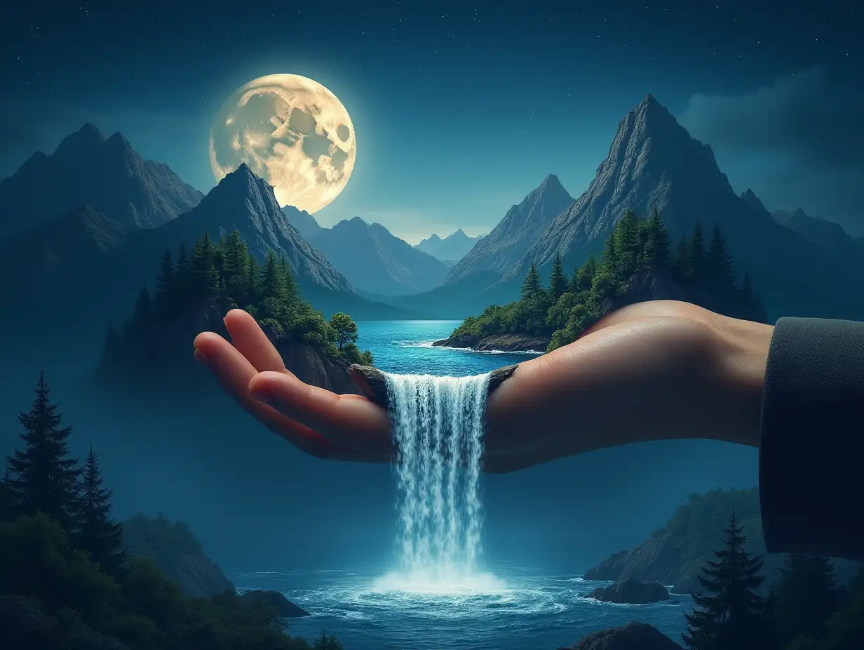 An outstretched hand with mountains, trees, a sea and a waterfall that falls from the hand into the sea with a nocturnal atmosphere with moon and stars