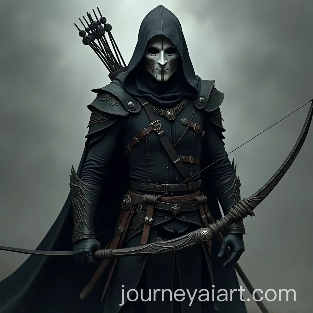 Fantasy-Male-Assassin-with-Bow-and-Sword-in-Black-Clothing-and-White-Metal-Mask
