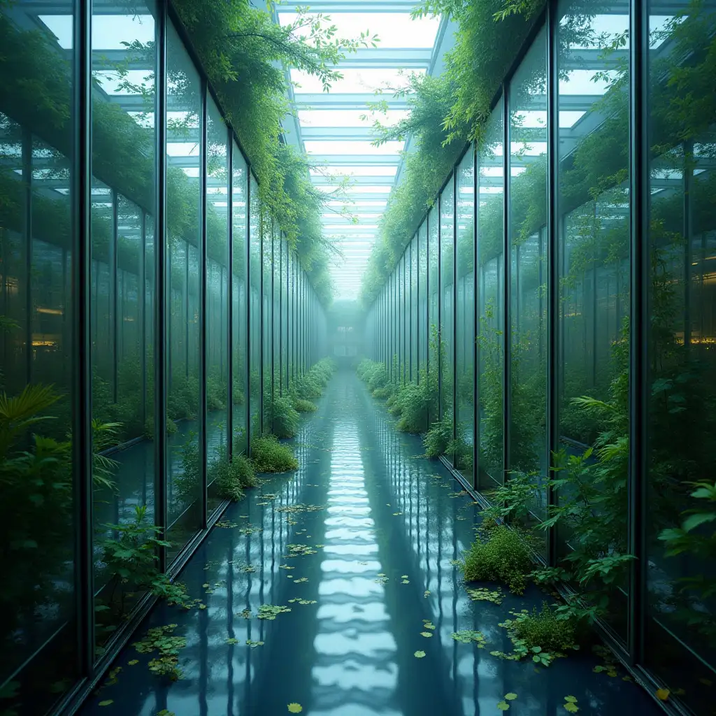 view from deep inside of a maze with glass and mirrored walls