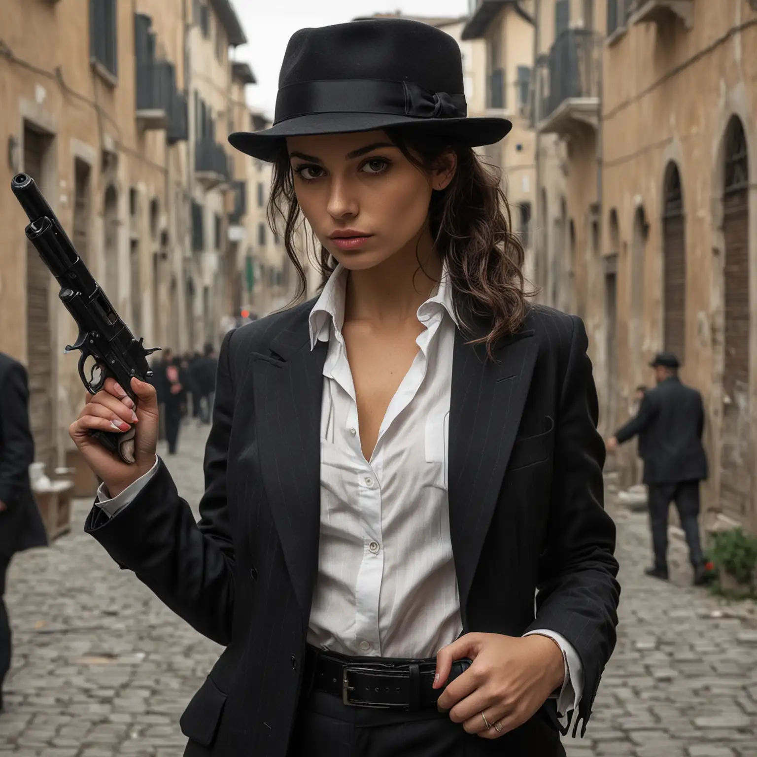 Italian-Girl-Gangster-with-Retro-Style-Fedora-and-Smoking-Cigar