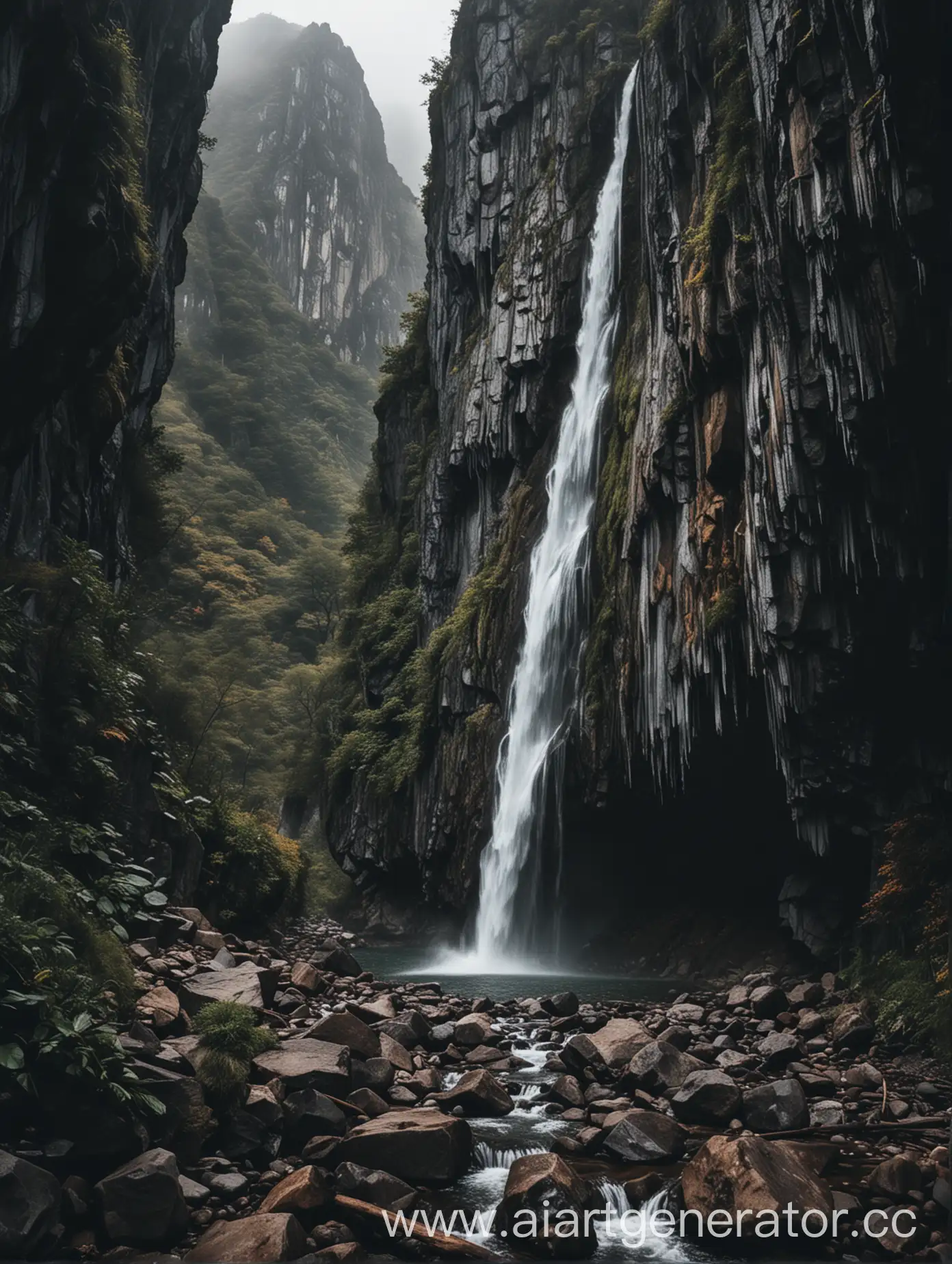 Majestic-Waterfall-Cascading-Around-Dark-Mountains-and-Rocks