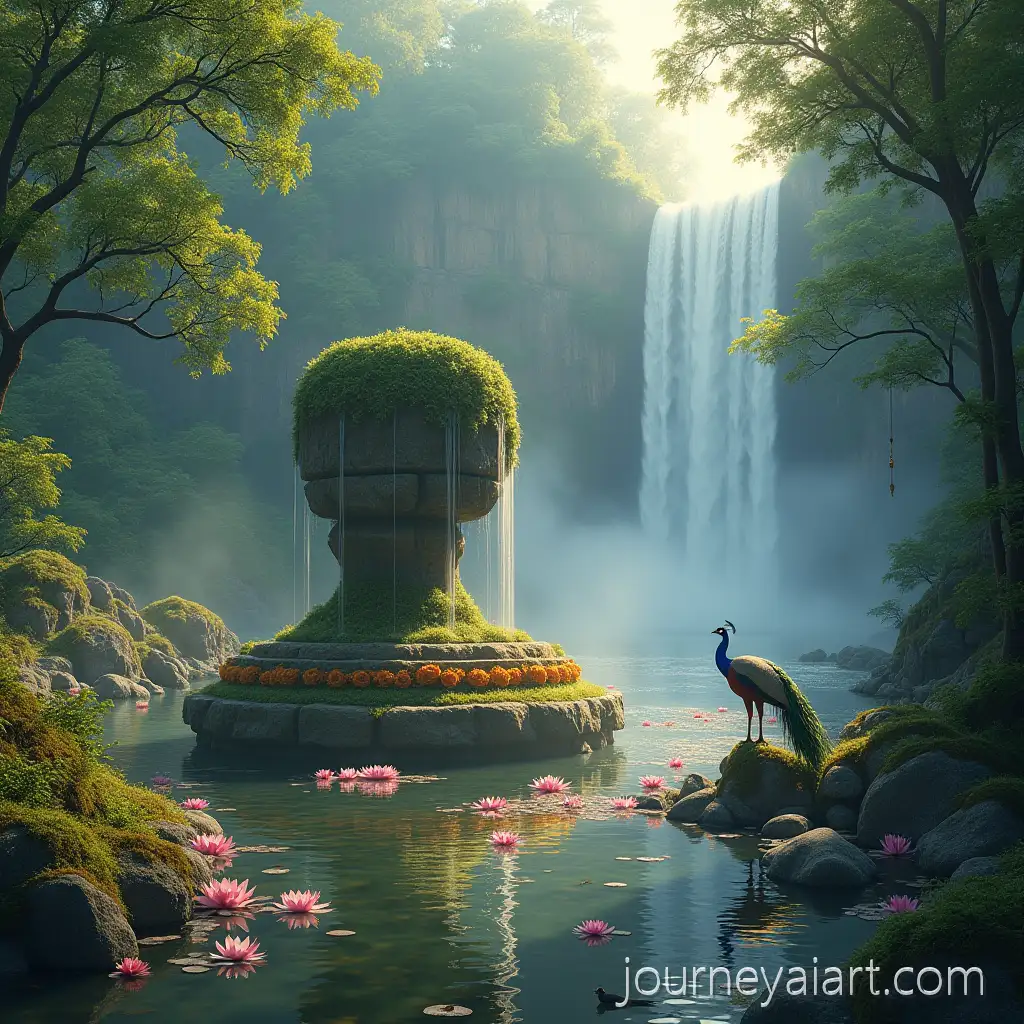 MysticalMystical-forest-with-waterfall-Forest-Waterfall-with-Shivling-Peacock-and-Sacred-Bells