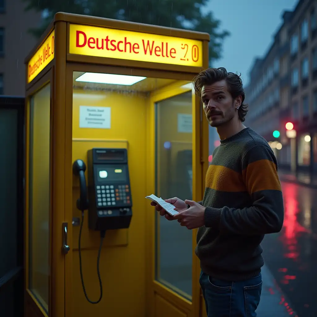 Retro-80s-Scene-with-Grandfather-in-Telephone-Booth-and-Young-Man-with-Mullet