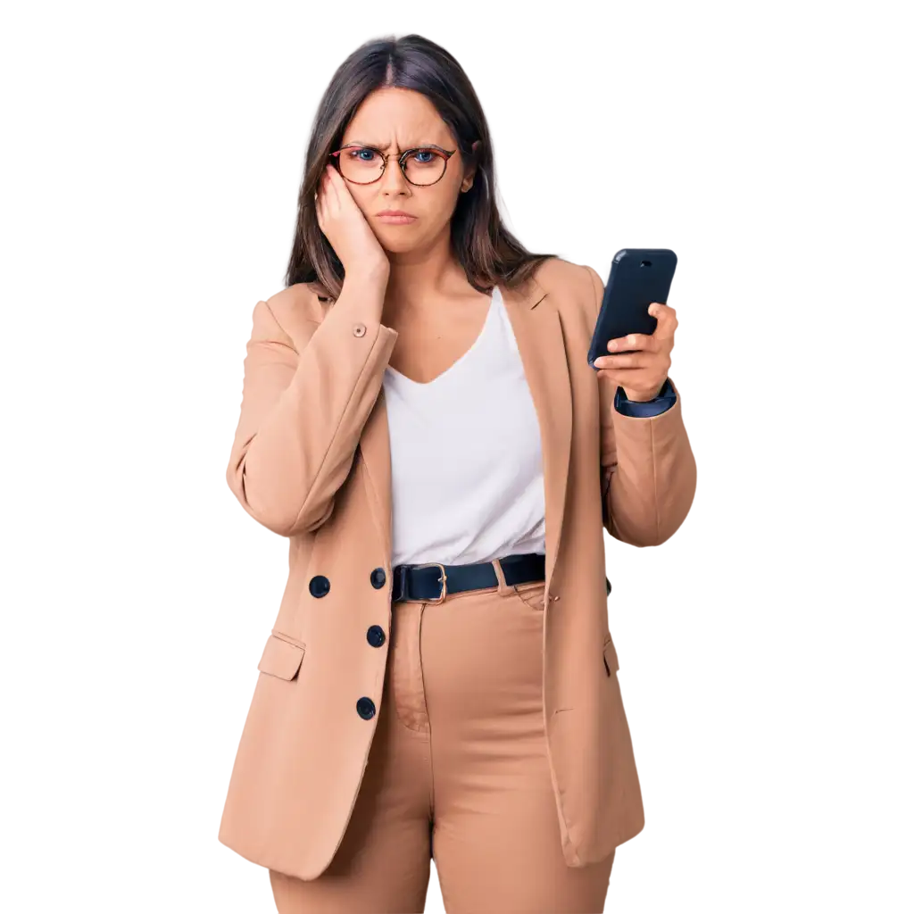 Frustrated-Woman-withPNG-Image-SEO-Strategy-Glasses-Looking-at-Smartphone-PNG-Expressing-Disappointment-in-Digital-Content