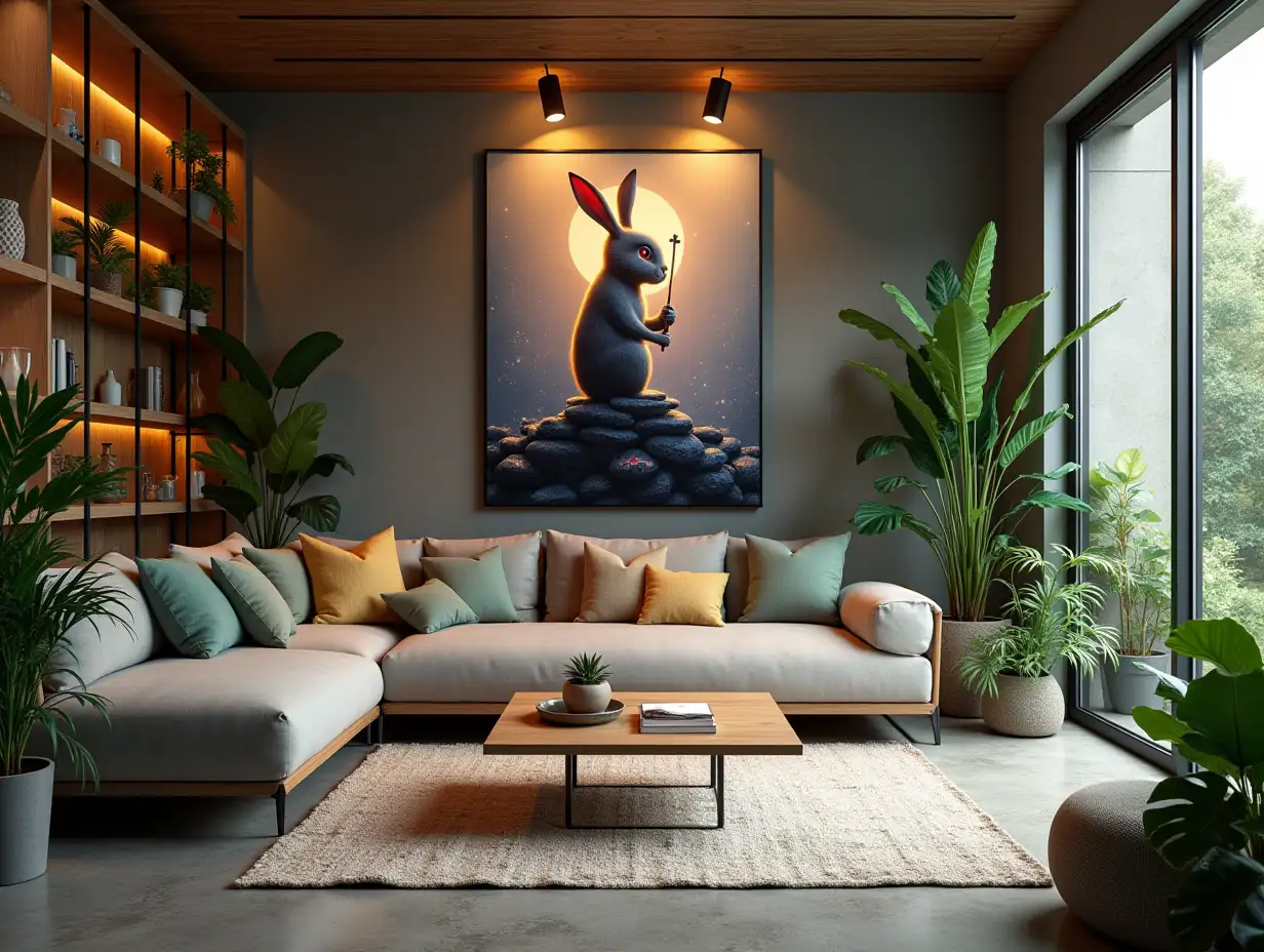 Large modern living room with Springbunny, lighting with furniture many plants with Demon Slayer image on the wall Zen garden with carefully tended rocks, a meditative 180 degree shot 8K resolution Colorful