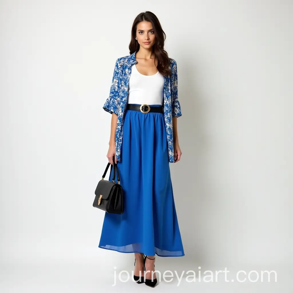 Fashionable-Woman-in-White-Tank-Top-and-Blue-Printed-Over-Shirt-with-Maxi-Skirt-and-Black-Accessories