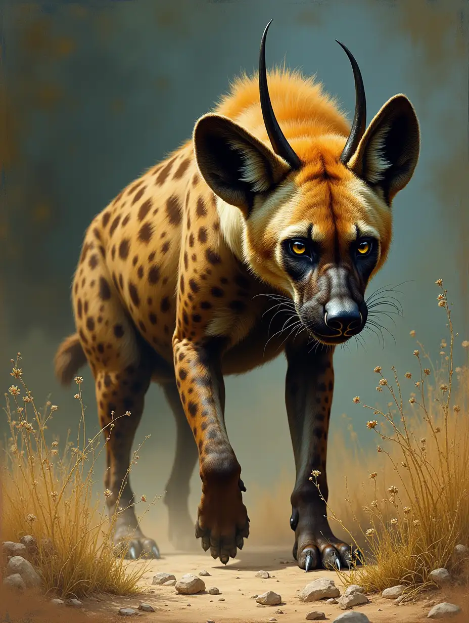 boris vallejo style, frank frazetta styleHyena, it was exactly her, but at maximum speed. She is tall, about two meters at the withers, with brown spots of fur on her dark skin and small horns sticking out of her head. Frozen, she took a quick look at us, and then, raising her head, let out a howl, very detailed,realistic, realism, Boris Vallejo style, ((Boris Vallejo)), Boris Vallejo art style inspired by Boris Vallejo,Boris Vallejo, Boris Vallejo style, very detailed, Boris Vallejo and Julie Bell style,