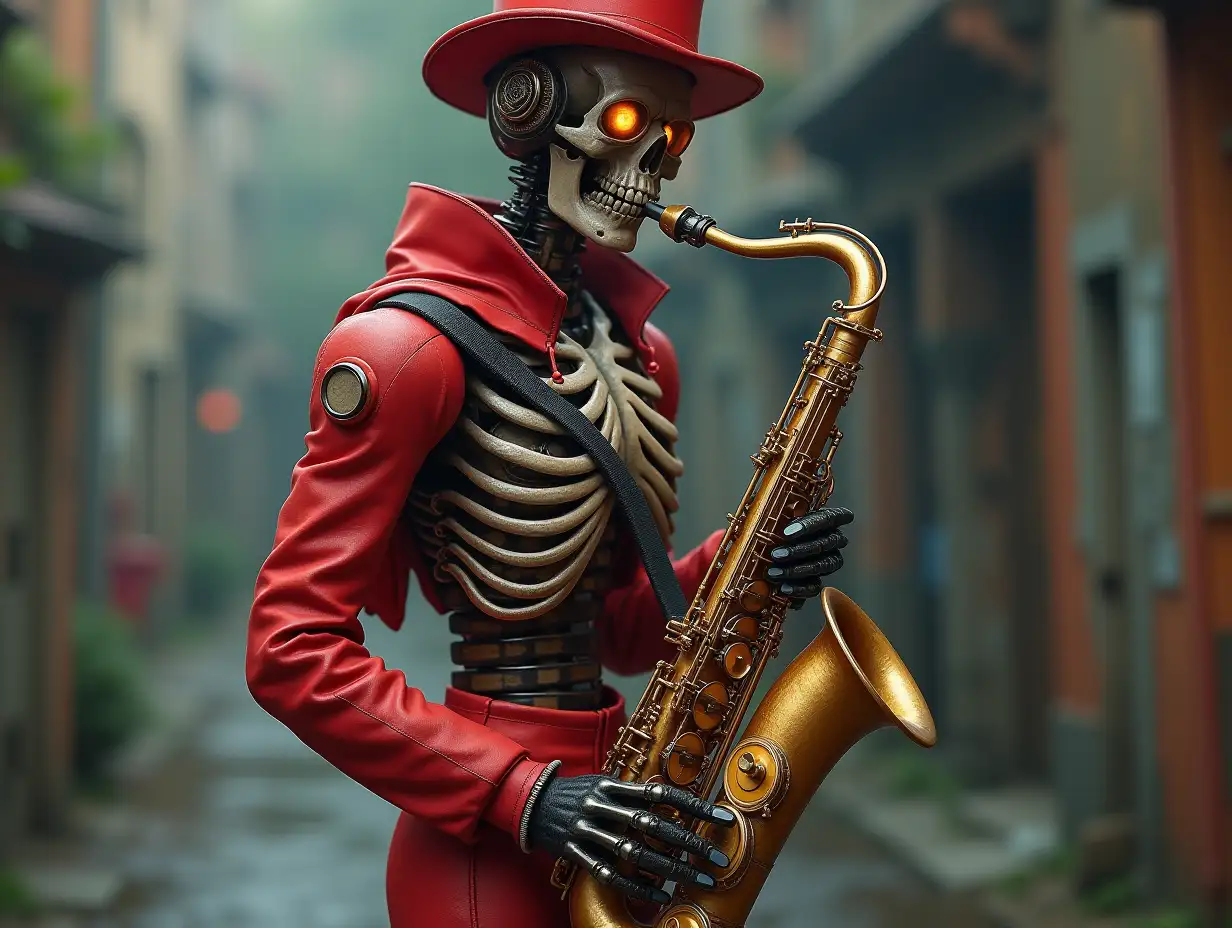 Create a high-resolution, realistic image of a robot with a skeletal body, red porcelain hands and head, a fashionable tracksuit, a Steampunk top hat, and a saxophone standing in 4K resolution (Steampunk 8K quality)