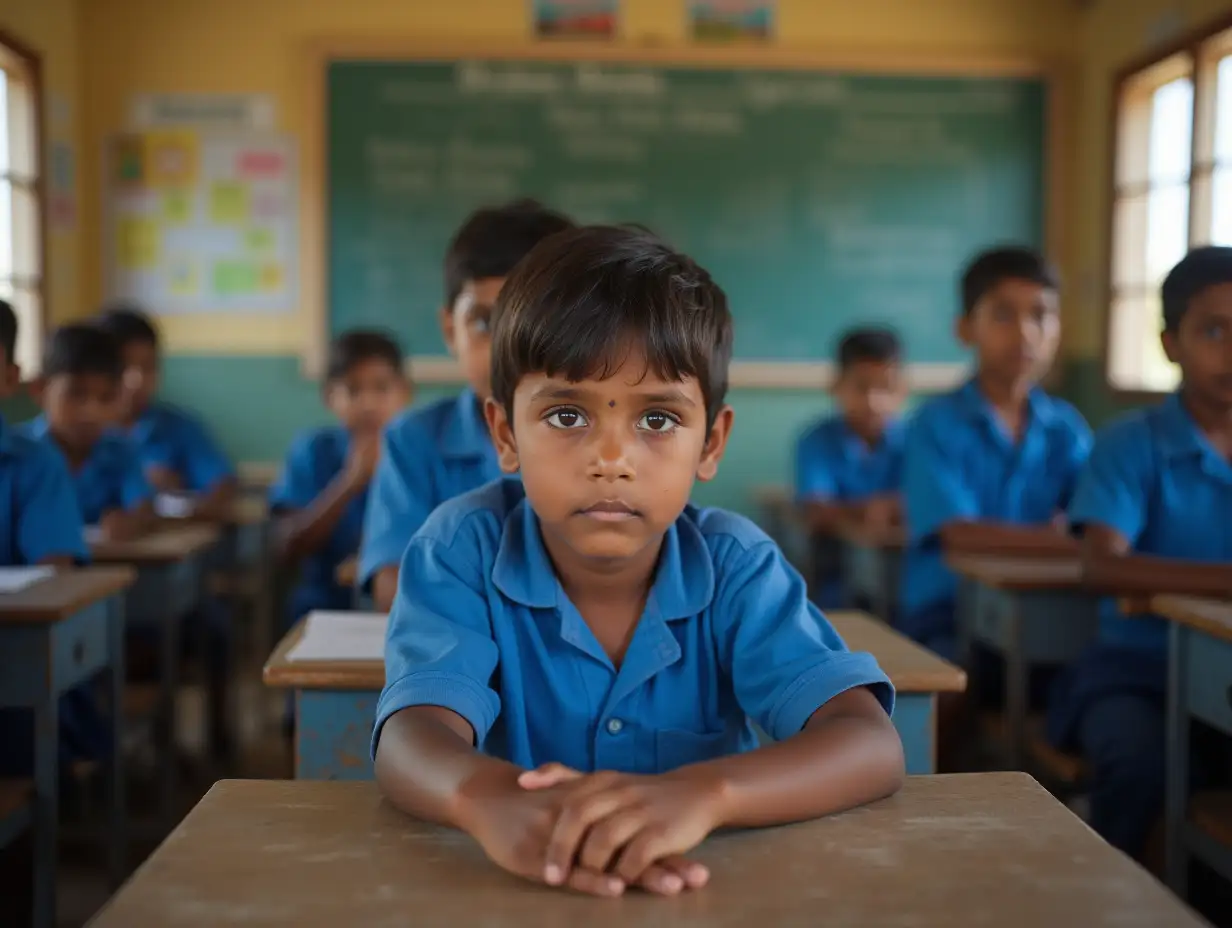 An Indian rural classroom scene where a young boy in a blue school uniform is sitting at a wooden desk, looking directly into the camera with a serious and thoughtful expression. The background features other students in similar uniforms, slightly blurred, with vibrant classroom details like faded walls, posters, and a chalkboard. The atmosphere reflects a typical small village school environment, with natural lighting and realistic textures.